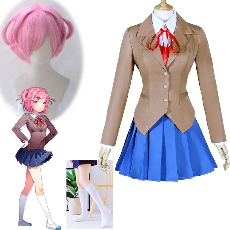 

Game Natsuki Cosplay Costumes Doki Doki Literature Club! Natsuki Wig and School Uniforms DDLC Costume Women's Schoolgirl Suits