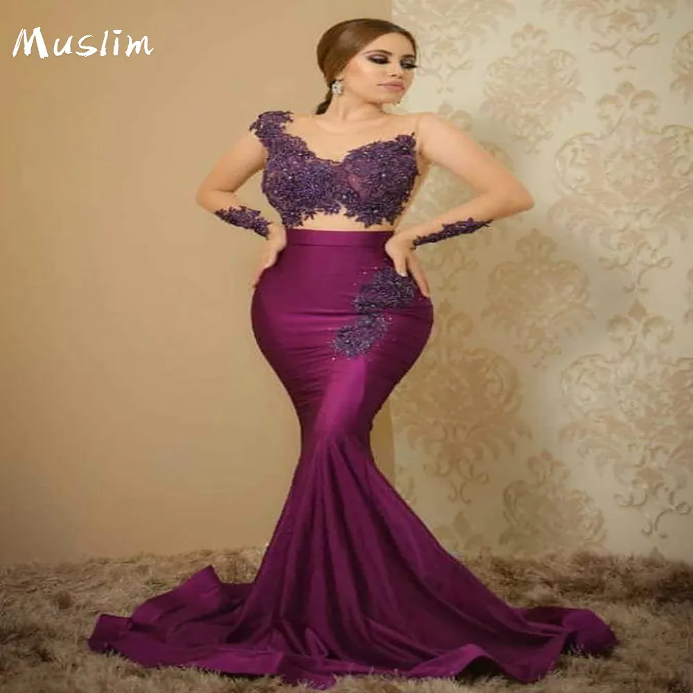 

Purple Mermaid Evening Dress With Lace Illusion Long Sleeve Satin Arabic Prom Dresses 2021 Plus Size Robe De Soirée De Mariage