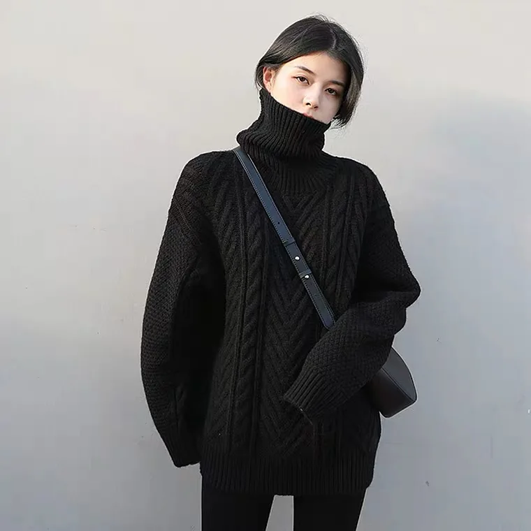 

Fashion new loose high neck pullover thick black twist sweater for autumn and winter