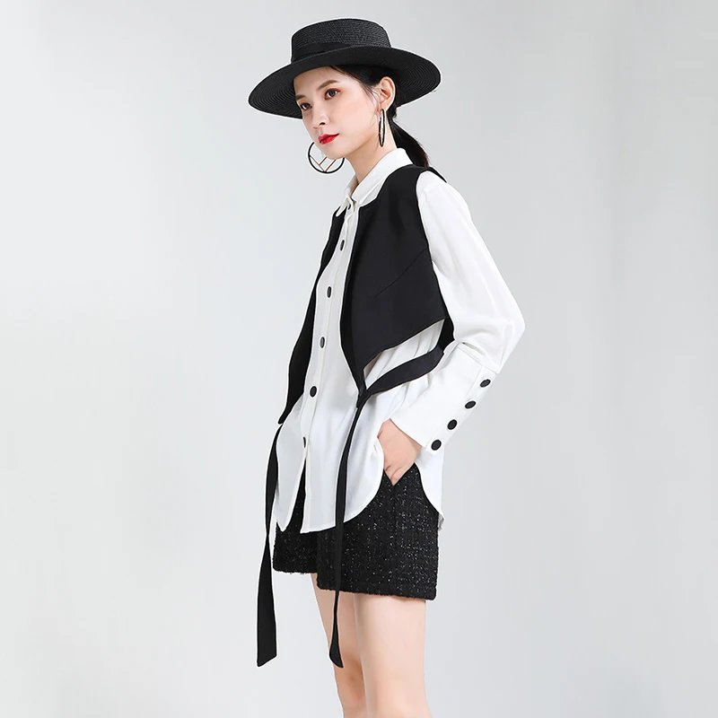 

[EAM] Women Black Irregular Split Big Size Blouse New Lapel Long Sleeve Loose Fit Shirt Fashion Tide Spring Autumn 2021 1DA219