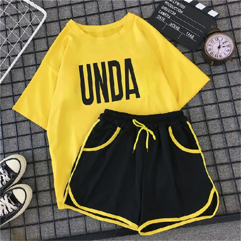 

New Summer Korean Women's Leisure Sports Suit Two Piece Short Sleeve T-shirt + Shorts