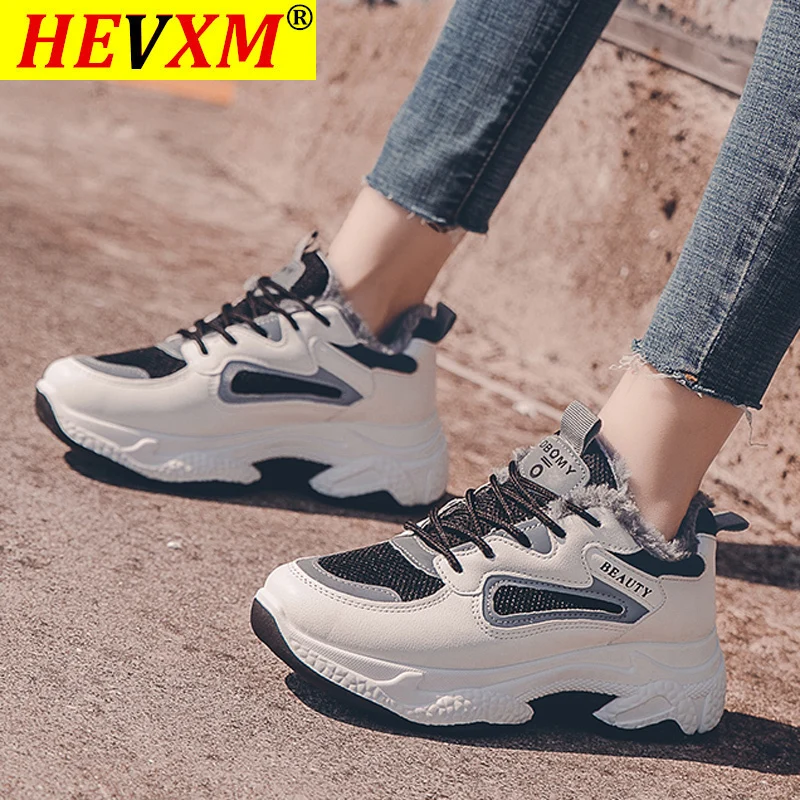 Модная Вулканизированная обувь Меховые теплые женские кроссовки на платформе