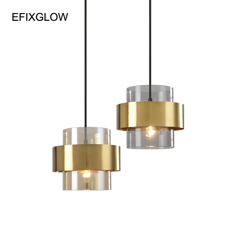 Modern Smoked And Amber Cylinder Glass Pendant Lights G9 Brass Gold Metal And Glass Hanging Lamps For Bar Bedroom Living Room