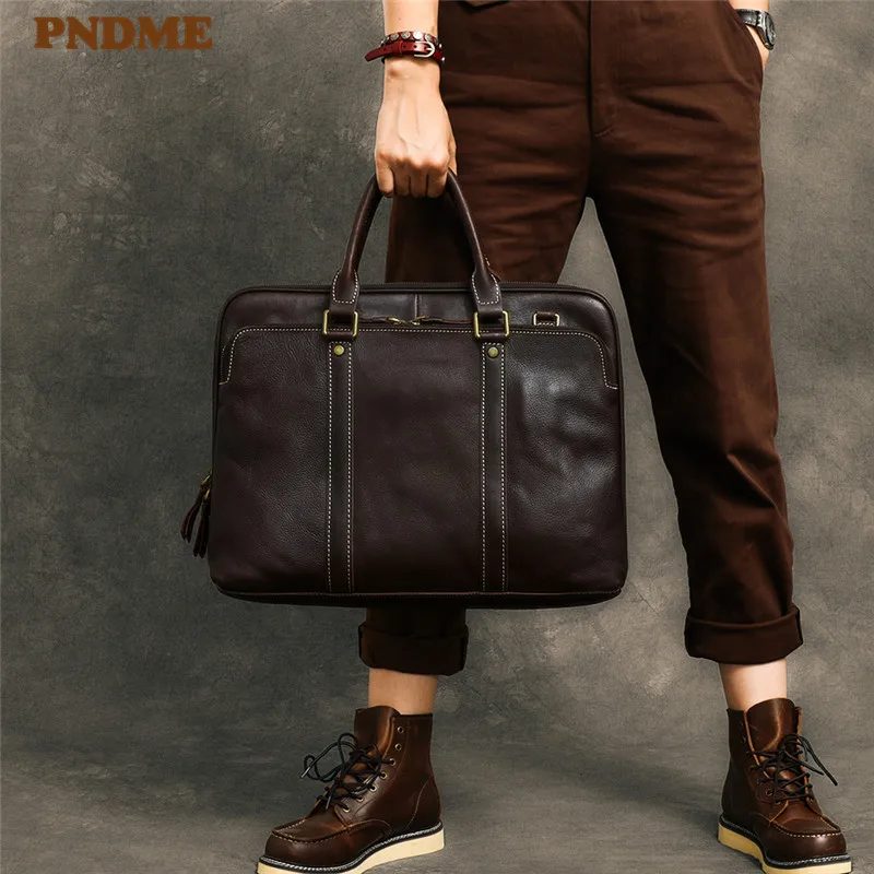 Fashion vintage luxury genuine leather men briefcase business handbags natural real cowhide women laptop shoulder messenger bag