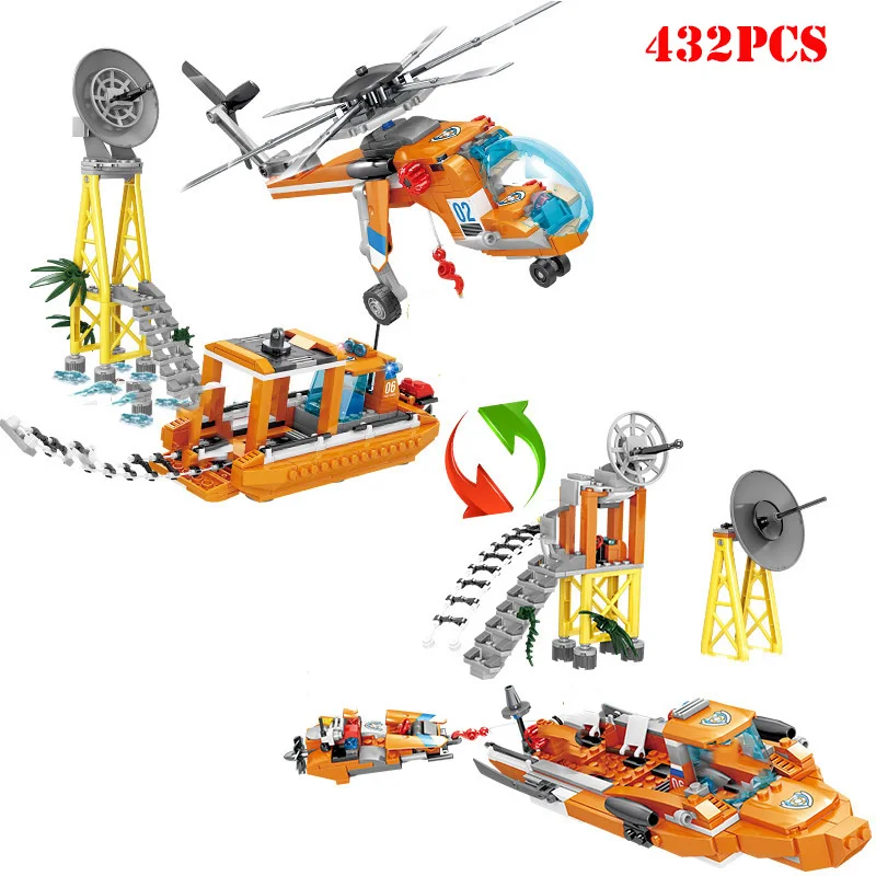 Конструктор детский городская Спасательная команда вертолет лодка кран
