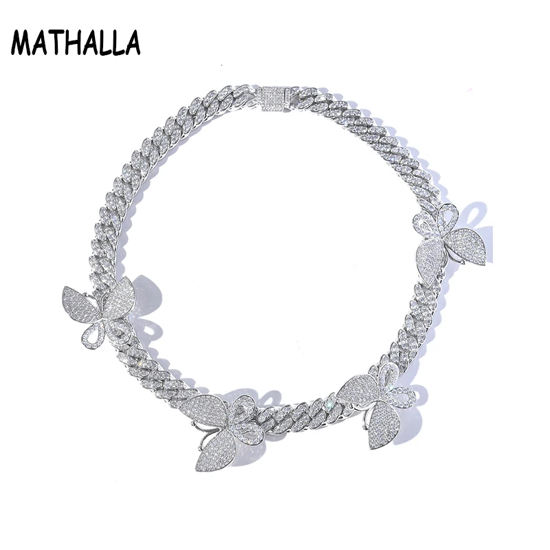 MATHALA 12mm Ice Butterfly Cuban Link Chain Necklace Ice Out Cubic Zirconia Hip Hop Men's Women's Necklaces Hip Hop Jewelry