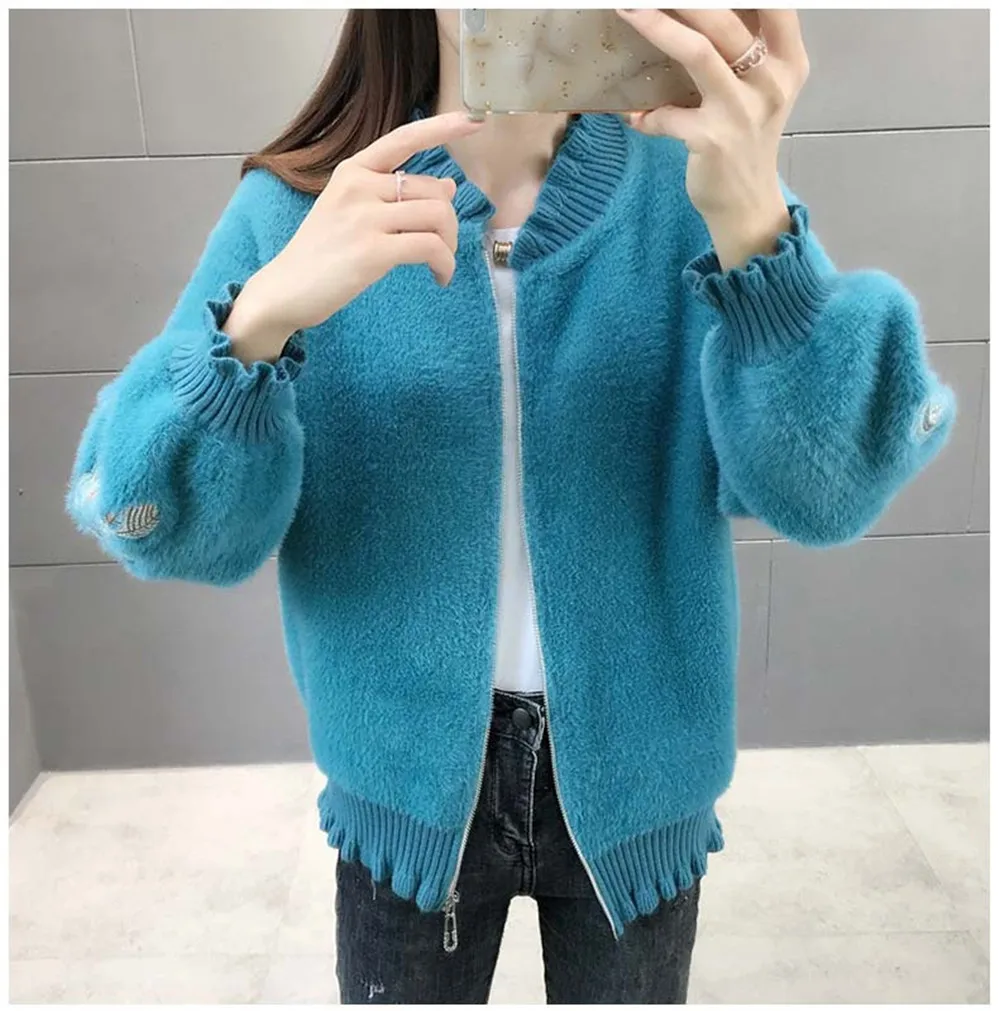 2020 Korean Faux Mink Cashmere Sweater V Neck Embroidery Long Lantern Sleeve Zipper Cardigans Autumn Winter New Fashion Coats |