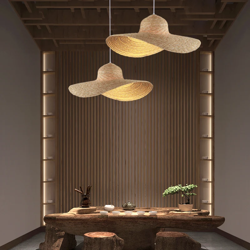 

Modern hand woven bamboo lamp restaurant hotpot hotel family living room attic retro personalized straw hat decorative lamp