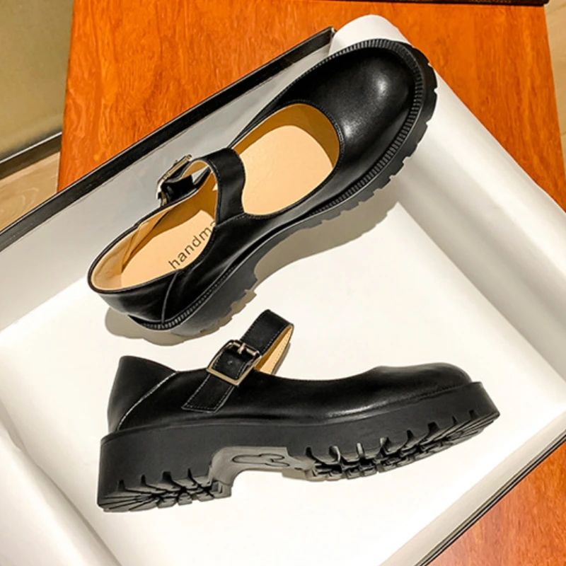 

Genuine Leather Mary Jane Lolita Shoes Women Chunky Platform Thick Sole Student Harajuku Girl Black Shoe Plus Size 41