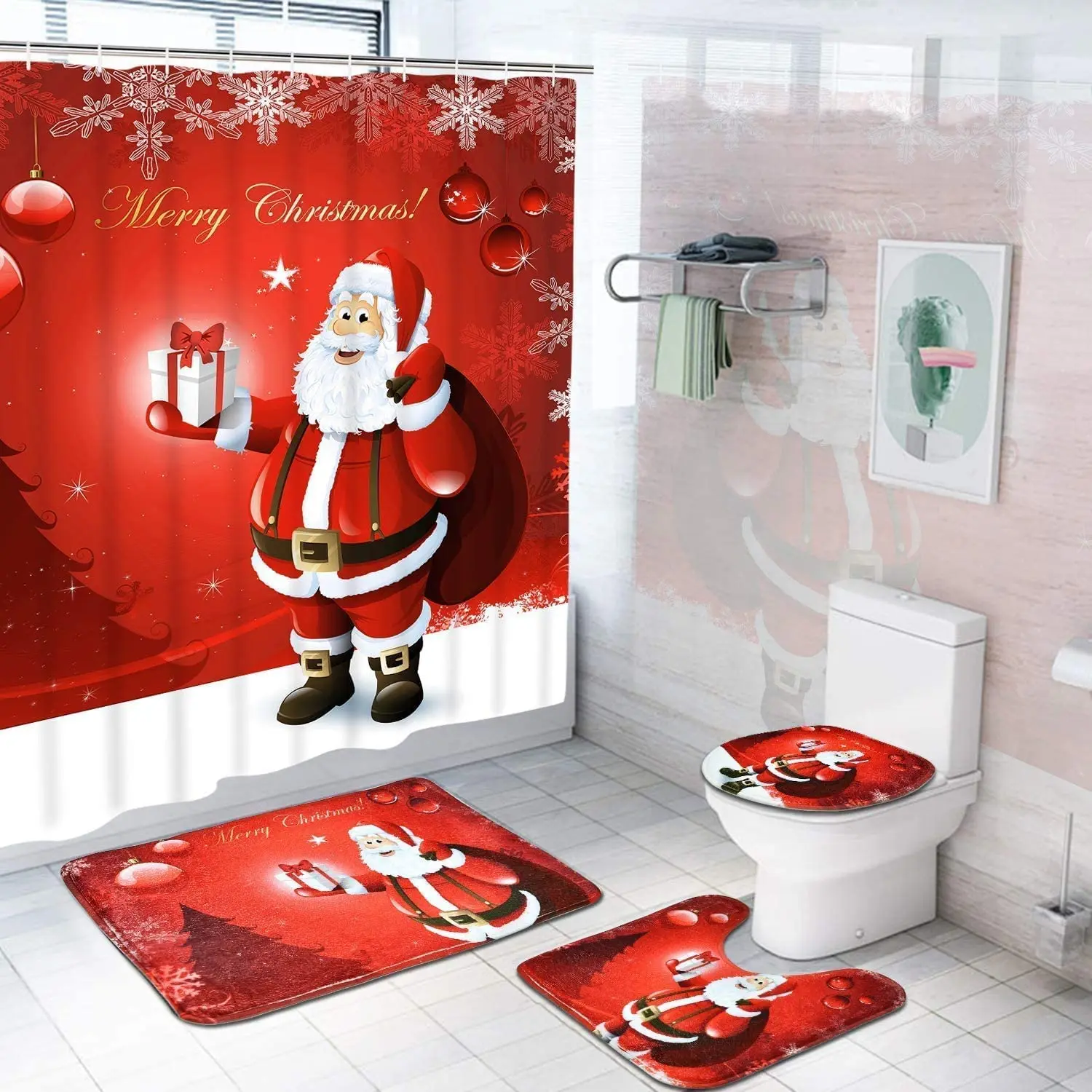 

Christmas Tree Ball Snowflake Shower Curtain Set Carpet Cover Toilet Cover Bathroom Mat Cushion Cover Bathroom Curtain Household