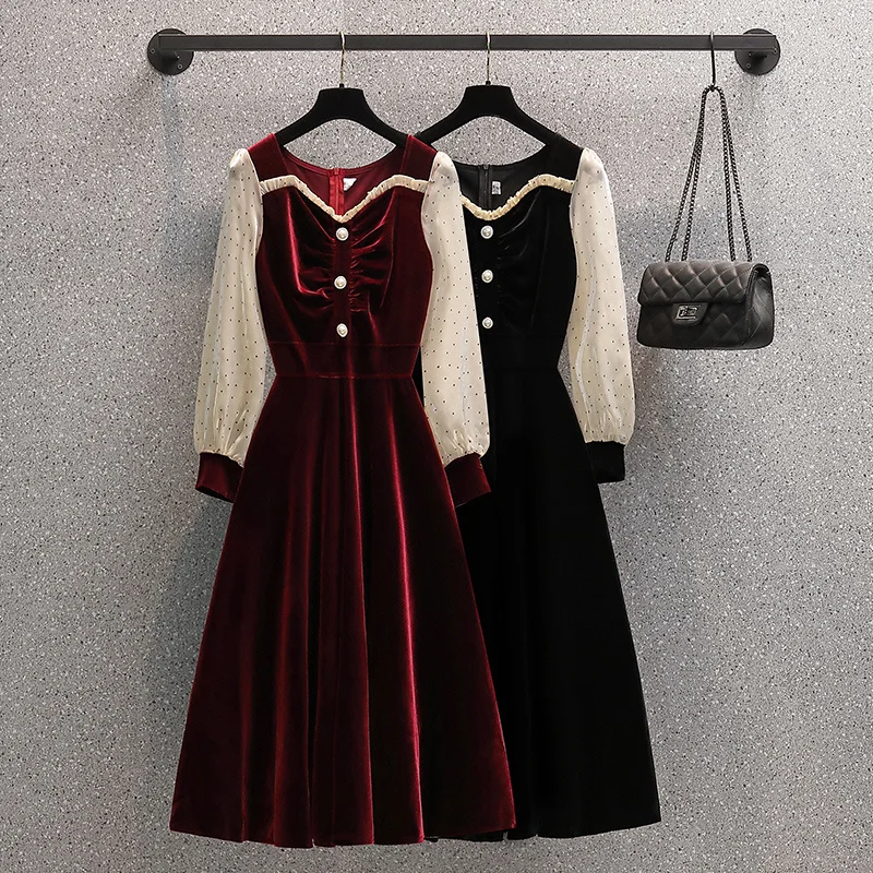 

Autumn and Winter 2021 New Gold Velvet Dress Women French Retro Square Collar Waist Office Lady Knee-length Dot Printing Dresses