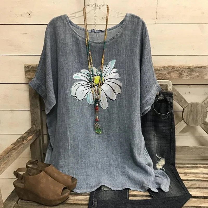 

Soft Flower Printed Blouse Summer Loose Plus Size Shirt O-Neck 3/4 Sleeve Womens Tops and Blouses Casual Women Tunic Tops