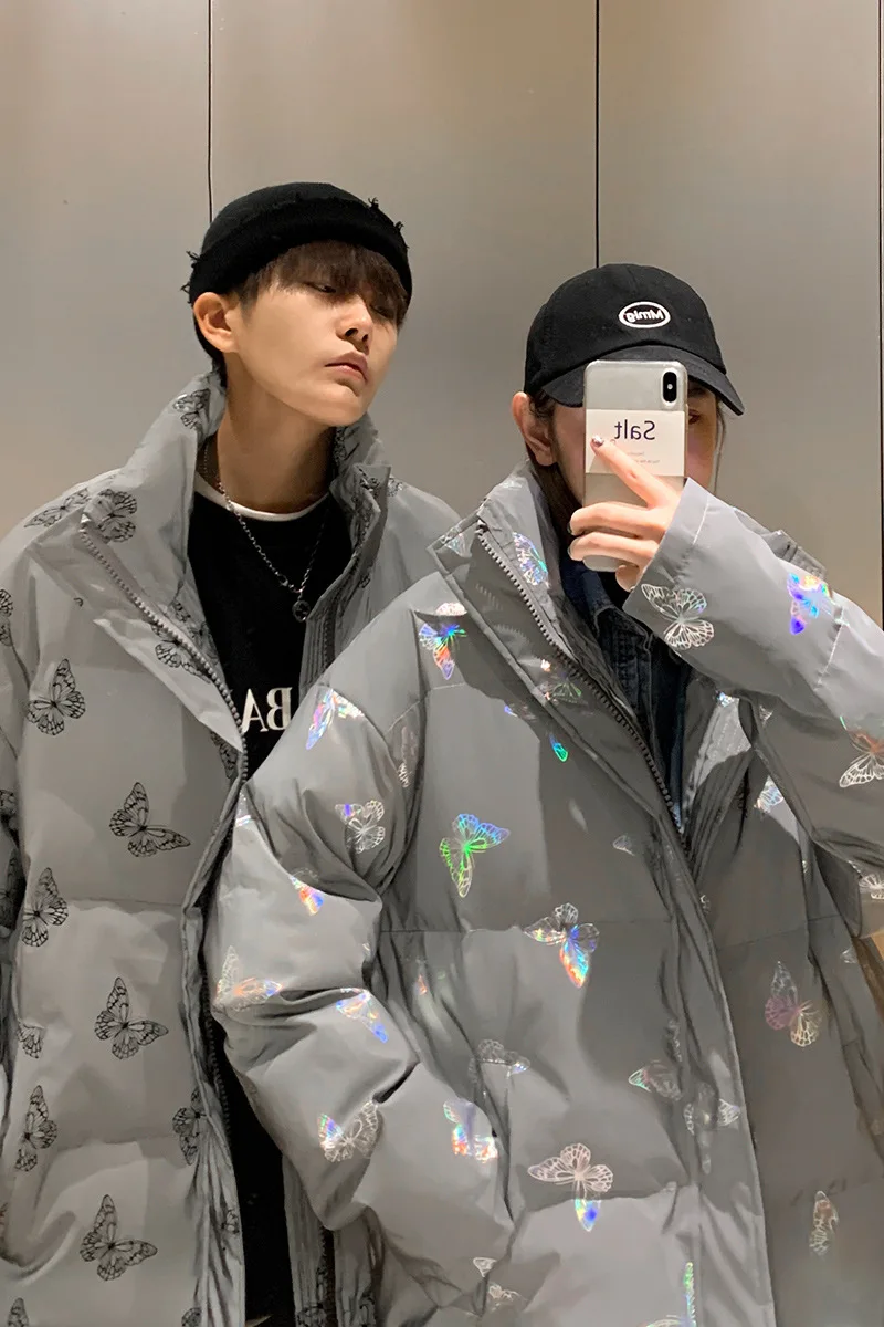 

Explosions 20 winter clothes Hong Kong wind couples online celebrity ins tide brand collar colorful reflective butterfly coat