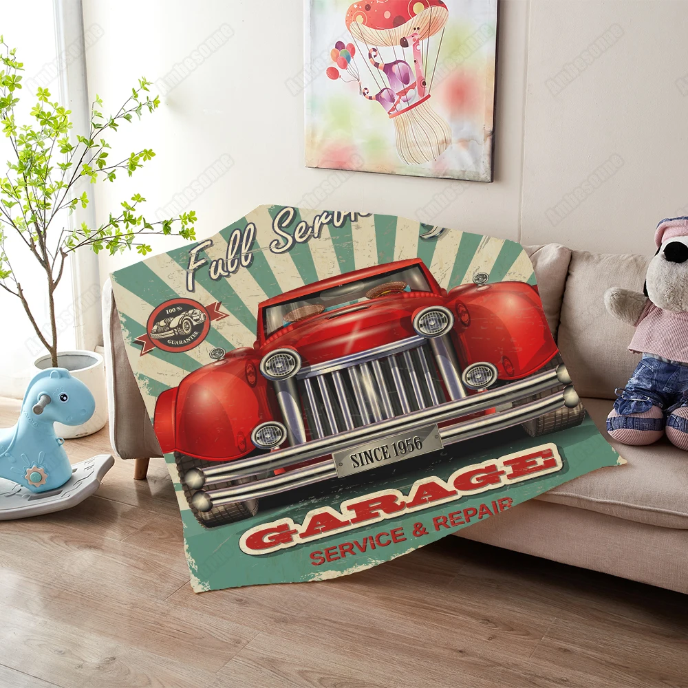 

America Style Custom Fluffy Blanket Vintage Garage Retro Poster Throw Blanket for Sofa Sherpa Blanket Bed Blankets Plush Mantas