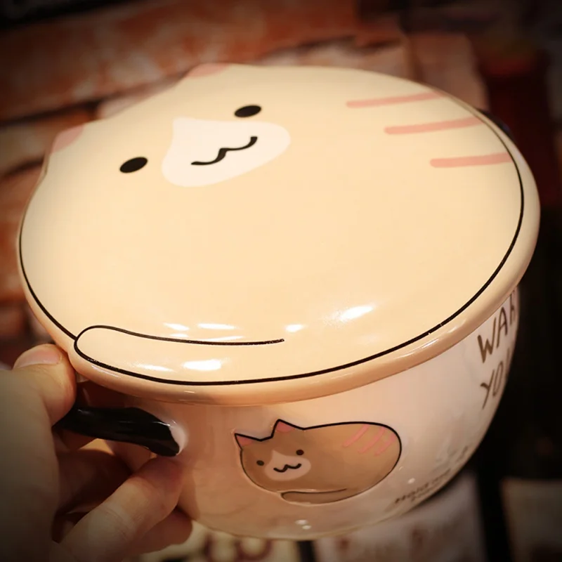 Ceramics Kawaii Cartoon Portable Containers Pattern Lunch Box With Cover Round Anti-slip Instant Noodles Bowl | Дом и сад