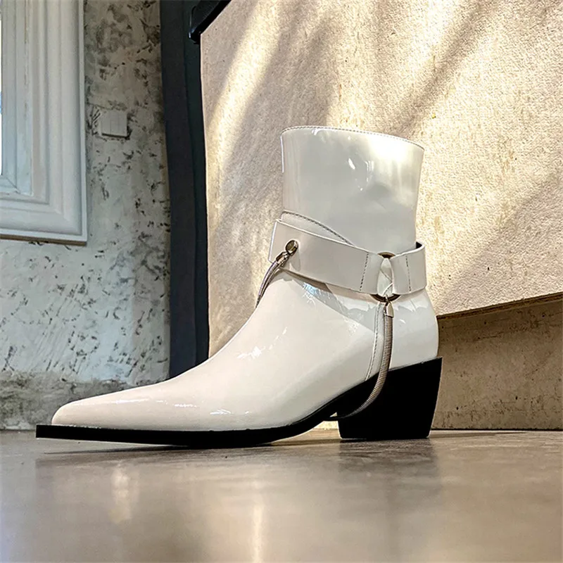 

New Handsome Metal Chain Women Riding Boots Matin Fall Winter Leather Belt Women Shoes Black White Pointed Toe Ankle Booties