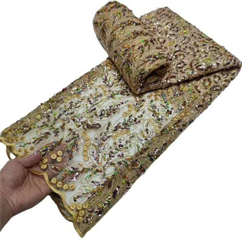 

2022 Gold Latest African Mesh Lace Fabric Green With Sequins Soft Nigerian French Tulle Lace Fabric 5Yards Wedding Material