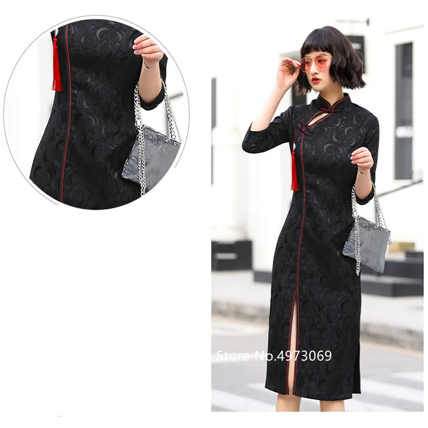 

Women Chinese Traditional Cheongsam Dress Three Quarter Sleeve Lace-up Black Floral Split Qipao Sexy Slim Style Tassel Button
