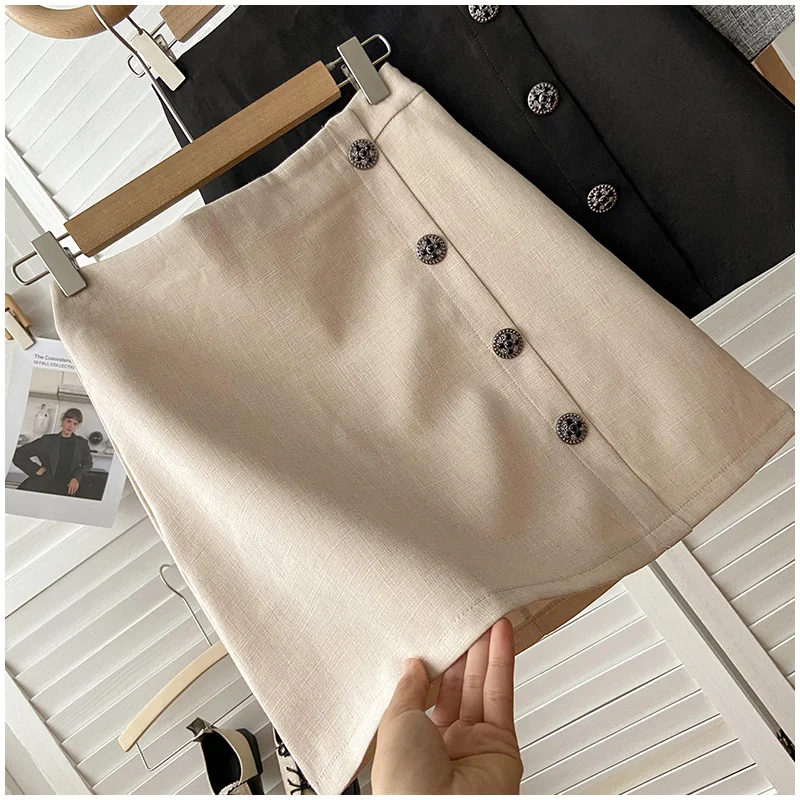 

I Love This Material! Amoi Button Embellished One-Step Skirt High Waist Slimming Look Straight Leg Short Skirt 162589