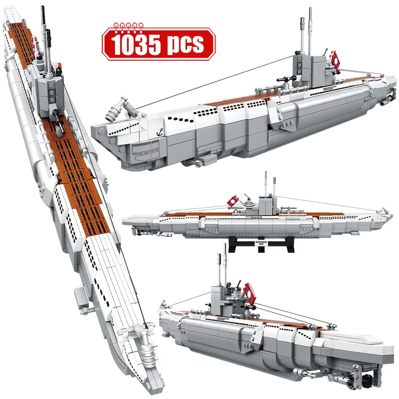 

1035Pcs German Army U 48 Navy Military Battleship Building Blocks Submarine Ship WW2 Weapon Bricks Toy for Boys Gifts