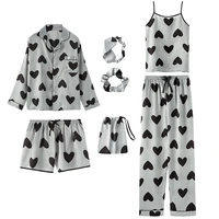 women spring summer nightwear silk satin pajamas set 7 pcs sexy stripe sleepwear lingerie female flower robe loungewear