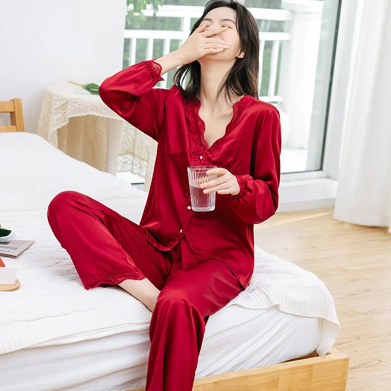 Spring Autumn Home Wear Lace Women's Pajamas Suit Sexy Nightwear V-neck Ice Silk Sleepwear Female Sleeping Wear Lounge Sets