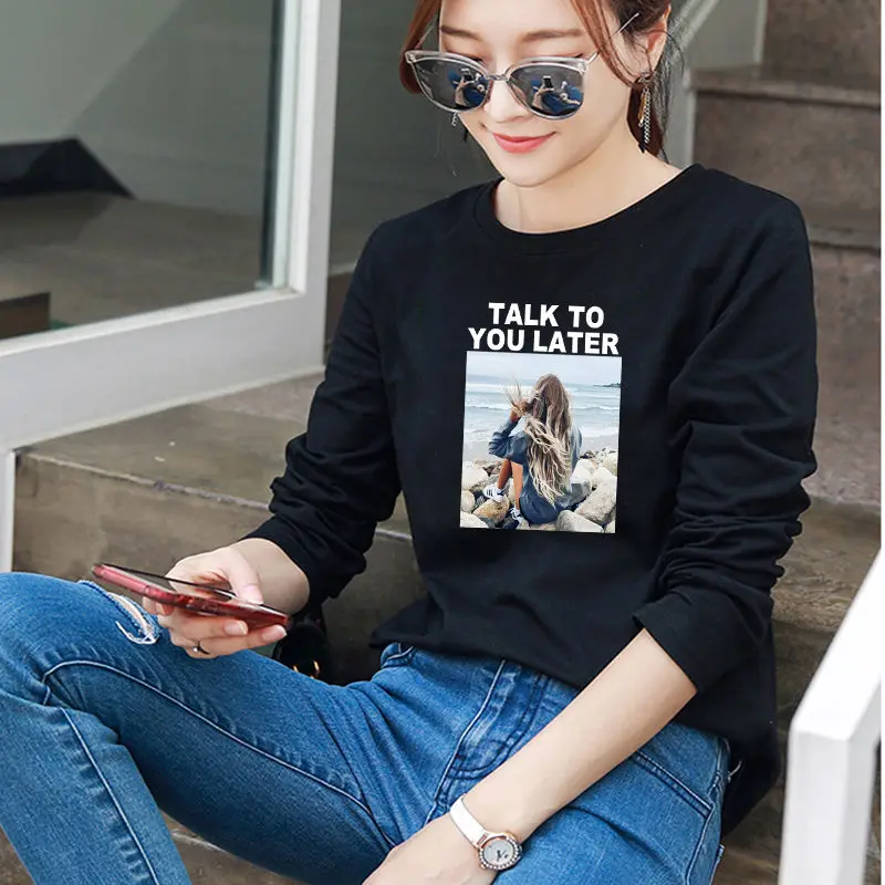 

T-shirt women's long sleeve loose Korean print casual round neck bottom shirt