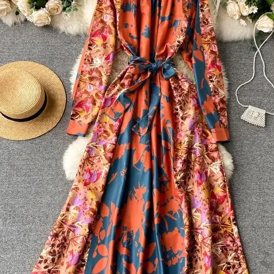 

2020 Elegant Dress Fashion Streetwear Slash Neck Spring/autumn Hit Color Collect Waist Long Sleeve Comfort Dress Women Robe Ete