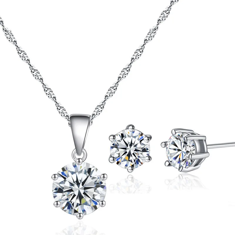 New Hot Sale Fashion Charm Cubic Zircon 925 Sterling Silver Round Pendant Necklace Jewelry Sets For Woman Florid Wedding Gifts