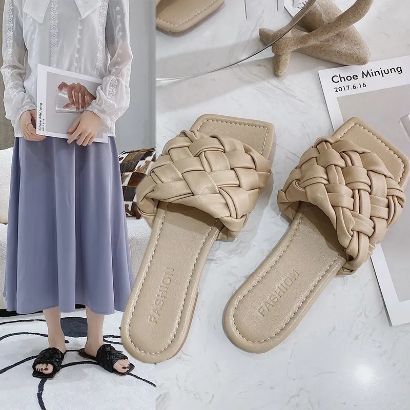

XIXIYIPIN Fashion PU Leather Weave Women's Slippers Outdoor Flat Casual Slides for Women 2021 Summer New Indoor Mules Shoes