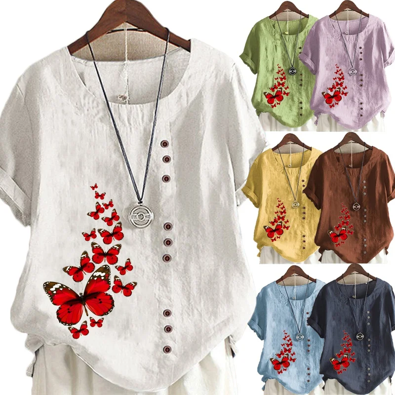 

Женская льняная блузка с круглым вырезом, коротким рукавом и принтом бабочки