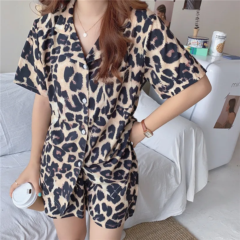 

summer leopard pajamas set women sleepwear home clothes turn down collar shirts pijamas shorts 2 piece set homewear