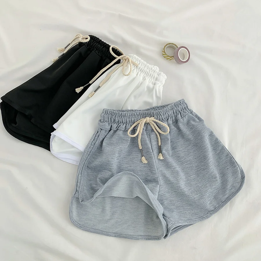 

Lace Up Casual Shorts Summer Simple Straight Slender Women Elastic Beach Shorts Women's Mode High Belt Black Shorts White