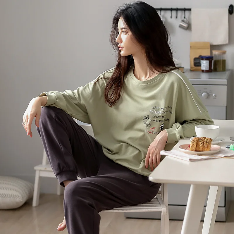 Осенний теплый женский пижамный комплект пижама из чистого хлопка зеленый