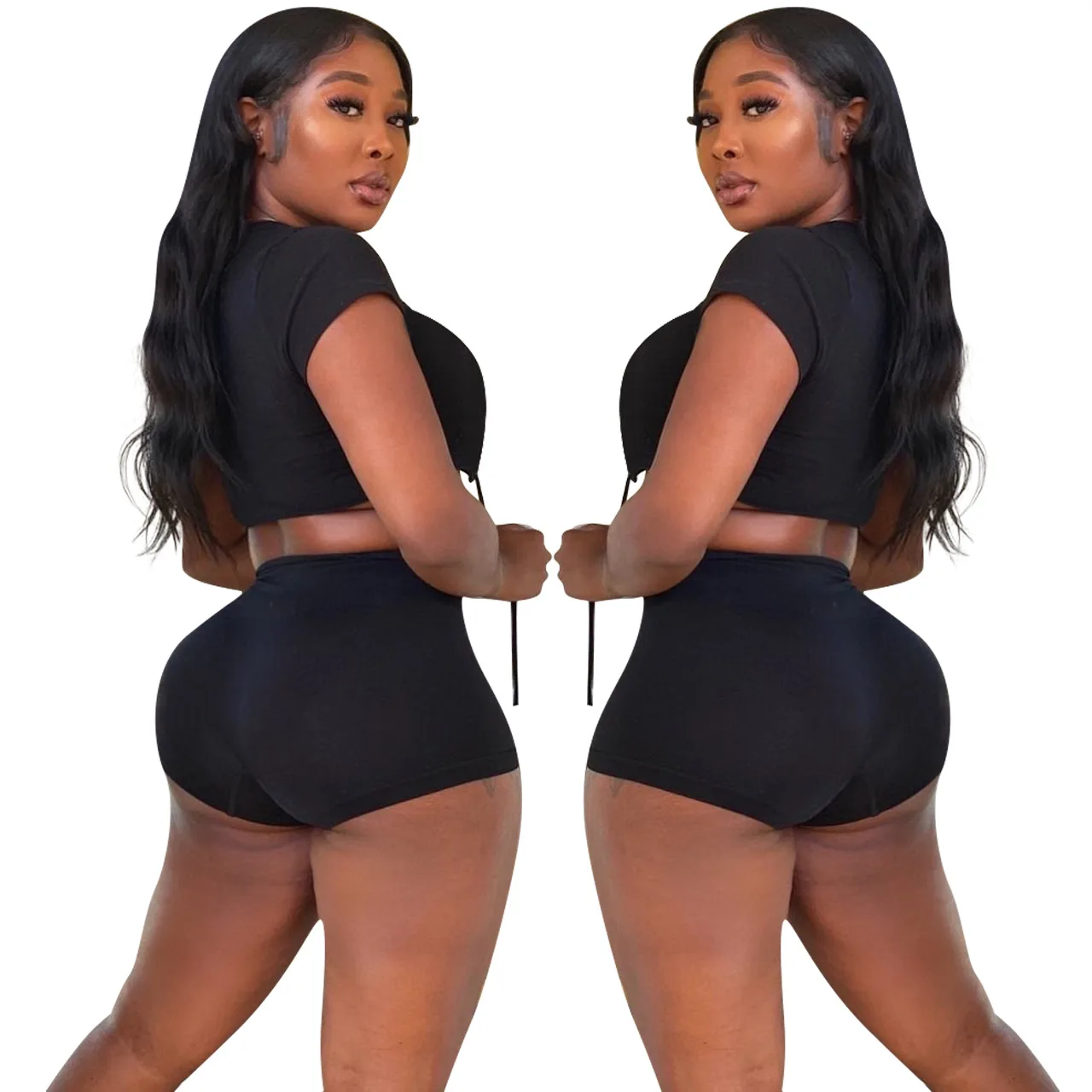 

Sexy Two Piece Set Solid Color Hollow Out Bandage T-Shirt Party Nightclub Streetwear Shorts Matching Suit Women Summer