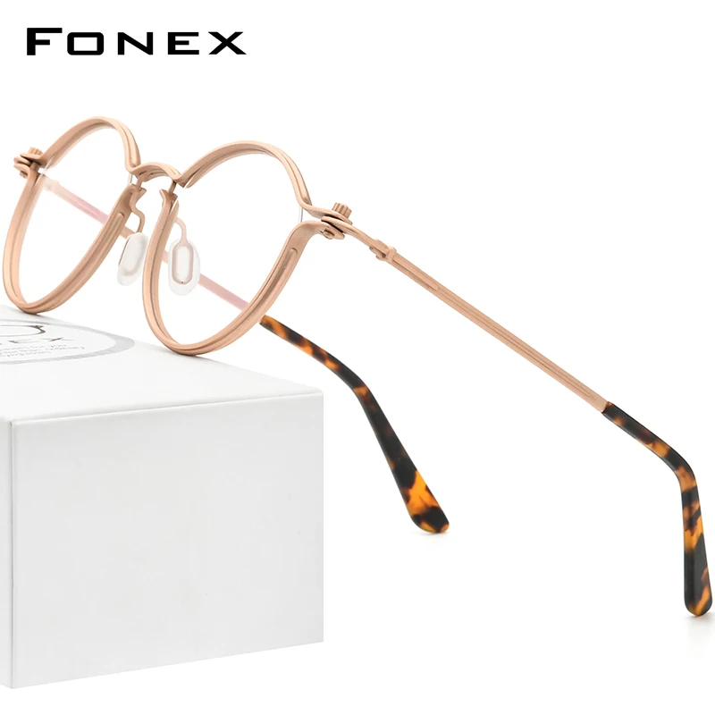 FONEX Alloy Glasses Frame Men Retro Vintage Round Prescription Eyeglasses 2022 New Women Optical Korean Screwless Eyewear F1029