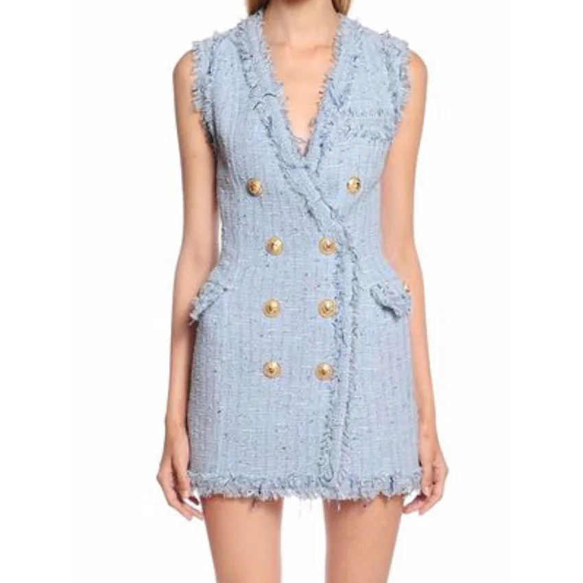 Новое милое двубортное твидовое платье для женщин Зимняя мода без рукавов выше