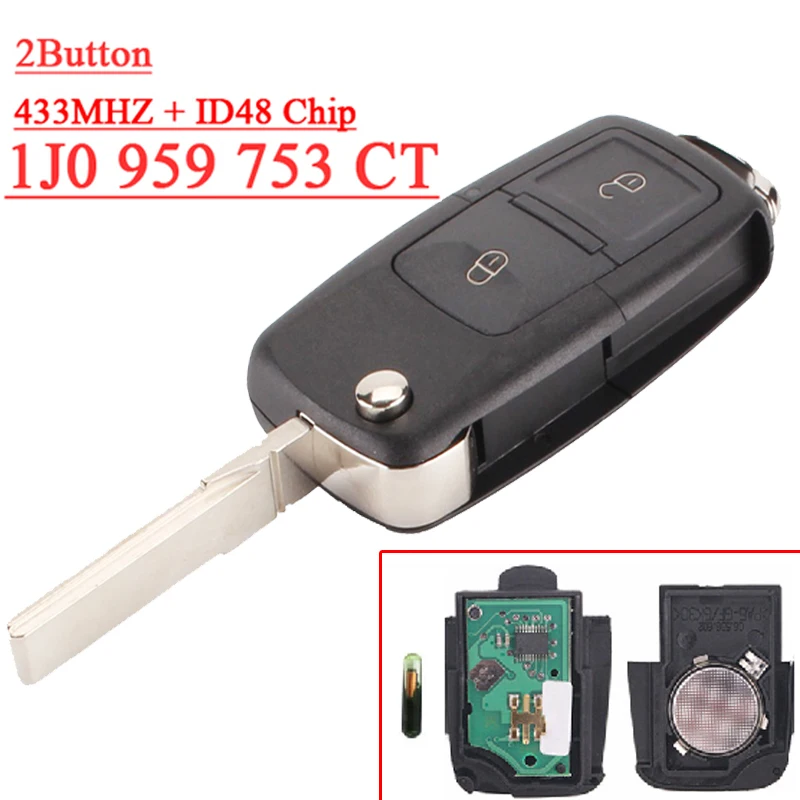 

(1 Pcs) 2 Button Remote Key with ID48 CHIP 1J0 959 753 CT For V-W 433MHZ