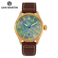 san martin mens bronze pilot wristwatch mop dial sapphire crystal see through case back seagull 6498 hand manual movement lume