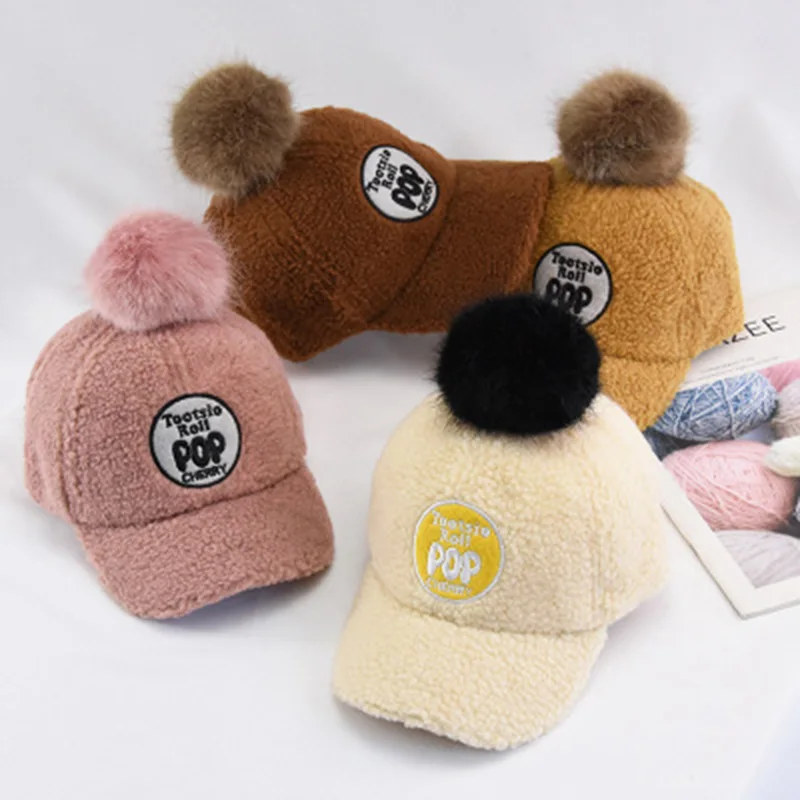 Зимние шапки с меховым помпоном для детей Снэпбэк Кепка бейсболка овечьим