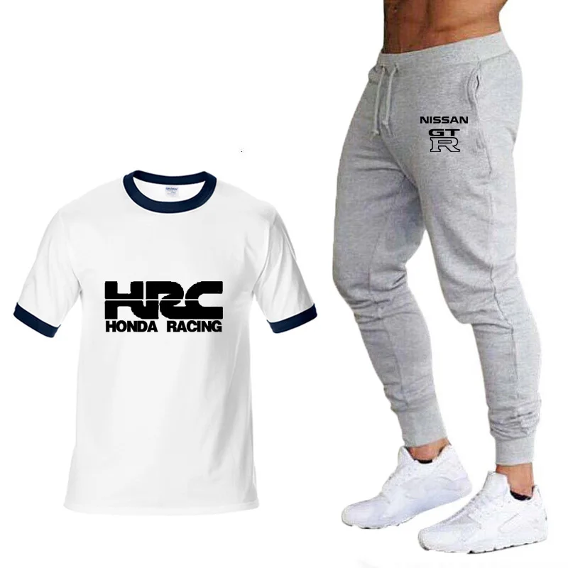 

New Summer Men T Shirts HRC race motorcycle Car Logo Printed casual High Quality Casual Cotton Short Sleeve T-shirt pants suit