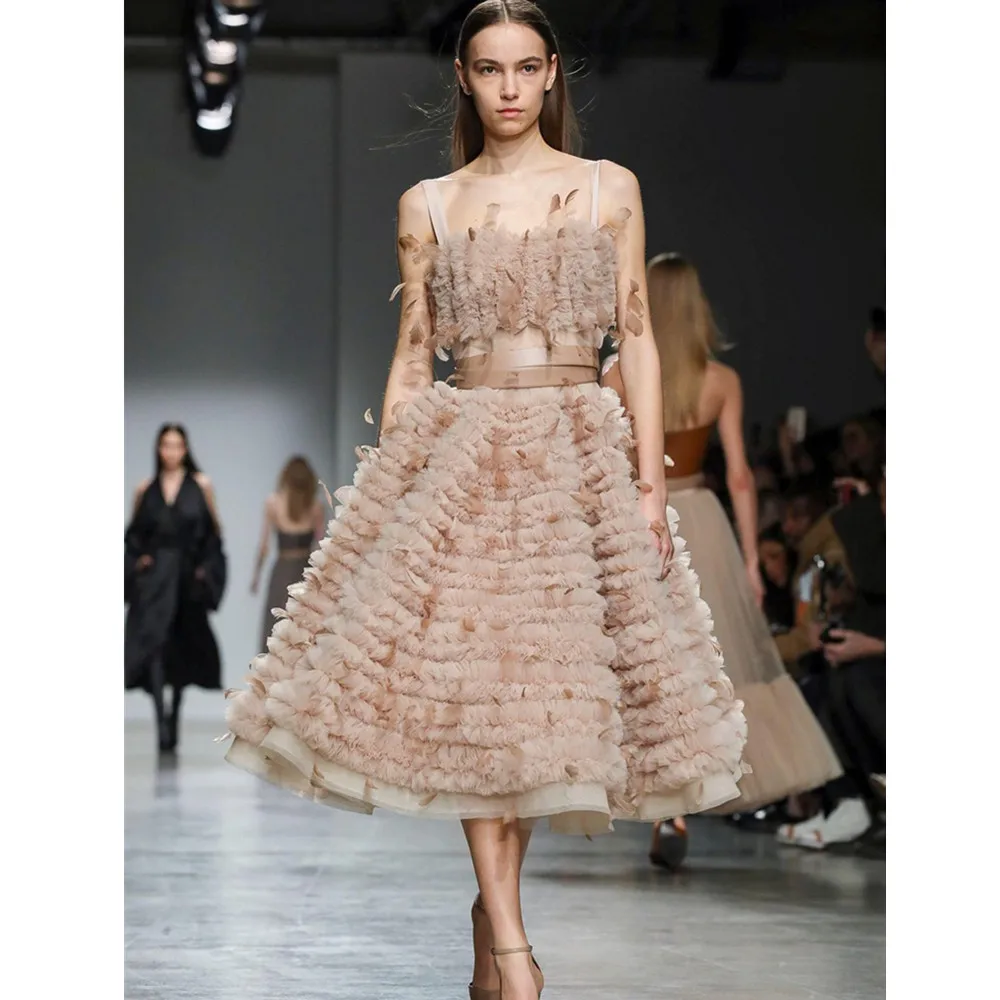 

Женское Сетчатое платье с перьями, Роскошное дизайнерское подиумное платье-трапеция цвета хаки, Вечернее Бальное Платье, женский костюм дл...