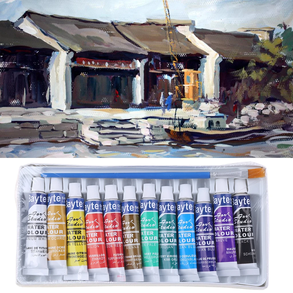 12 Colors Tubes 6ml Paint Tube Drawing Painting Watercolor Pigment Set With Brush Art Supplies | Канцтовары для офиса и дома
