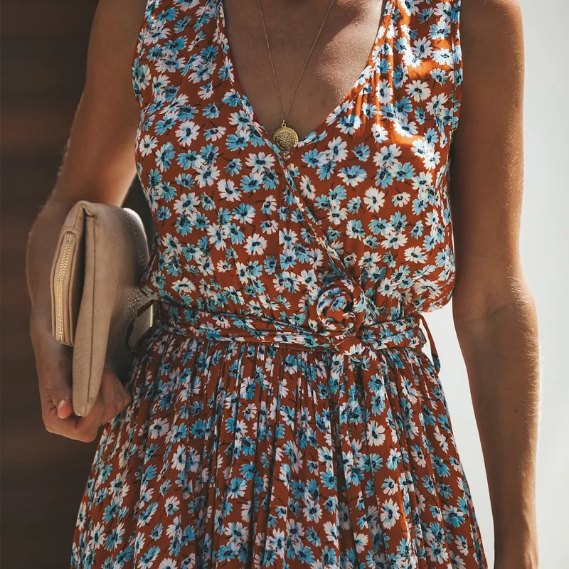 

2020 New Designer Women's Summer Dress Banquet Fashion V-neck Waist Down Dress Women's Beach Holiday Dress
