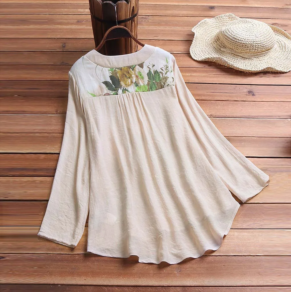 

Summer Women Floral Blouse Vintage V-neck Long Sleeves Bohemian Oversize Blouse Breathable Cotton And Linen Shirts Women Tunic