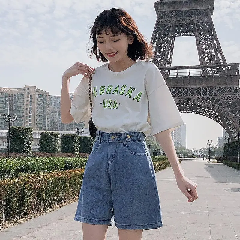

New Summer Women High Waist Button Wigh Leg Jeans Shorts Casual Female Loose Fit Blue Denim Shorts