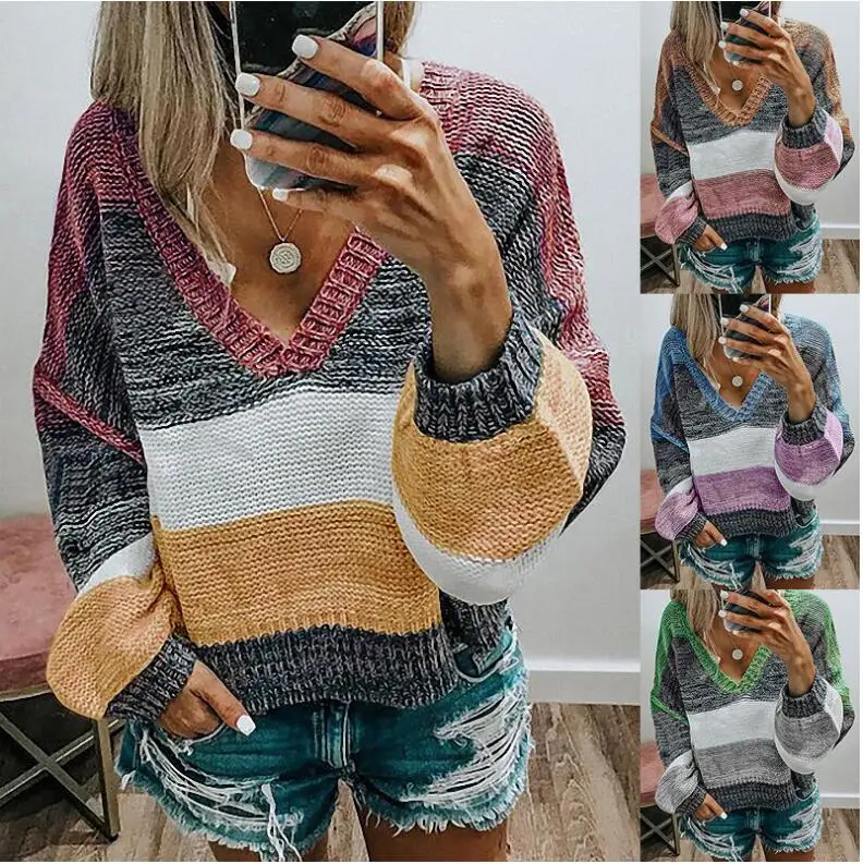 

Women Elegant O-Neck Knitted Sweater Autumn Vintage Patchwork Long Sleeve Tops Jumpers Winter Thick Warm Loose Pullover Sweaters