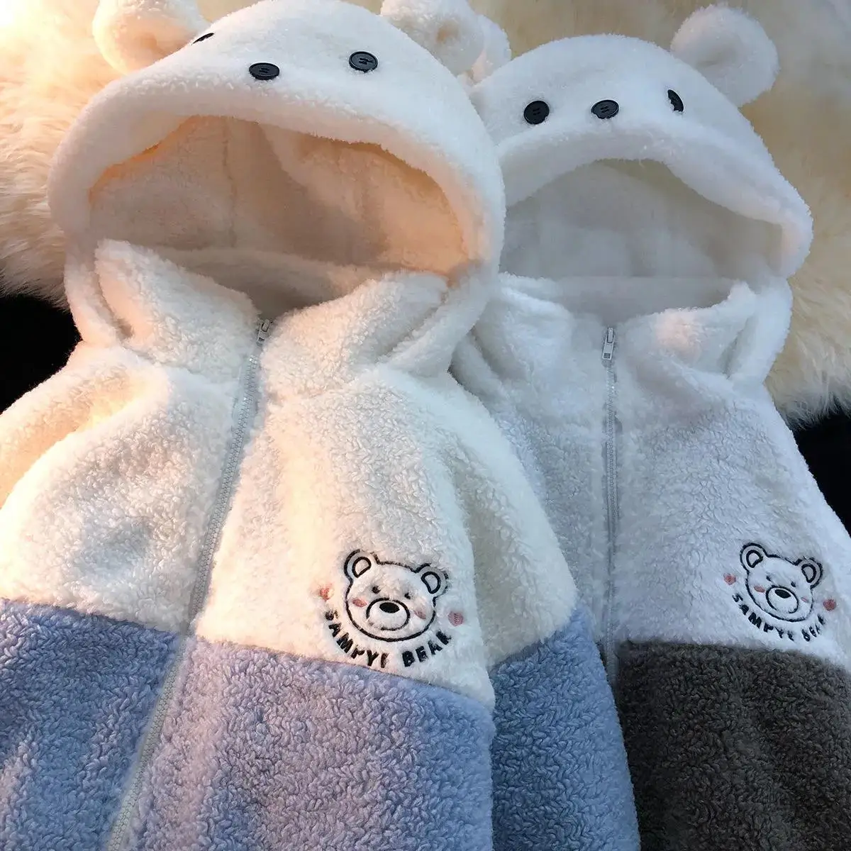 

Faux Woolen Plush Warm Korean Coats Jacket Women Fashion Cartoon Bear Oversized Zip Up Outerwear Kawaii Teens Clothes Harajuku