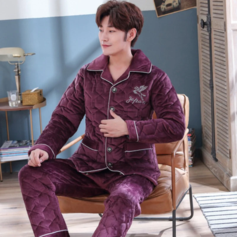 Pajamas Men Winter Three-layer Thick Coral Velvet Quilted Plus Velvet Flannel Home Service Youth Suit Pijama De Hombre Invierno