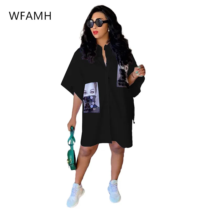 

2021 New Summer Fashion Casual Sexy Stickers Straight Short-sleeved Shirt Skirt Women Polyester Notched Single Breasted Half